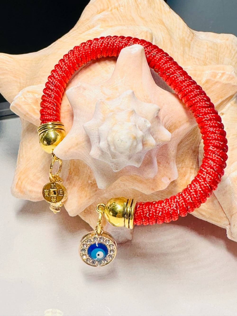 Red Braided Cord Bracelet with Gold Evil Eye Charms